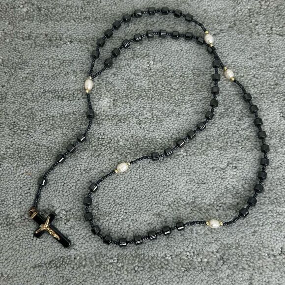 Hematite Bead Rosary 13.5" Gray & Gold-tone Seed Beads With Cultured Pearls - Picture 5 of 8